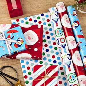 Hallmark Christmas Reversible Wrapping Paper, Kids (Pack of 3, 120 sq. ft. ttl) Santa, Joy, Penguins, Snowflakes, Polka Dots, Stripes