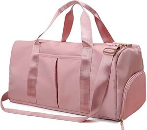 suruid sports gym bag travel duffel bag for women and men waterproof weekender overnight tote carry on bag with shoes compartment & wet pocket lightweight adjustable strap - pink