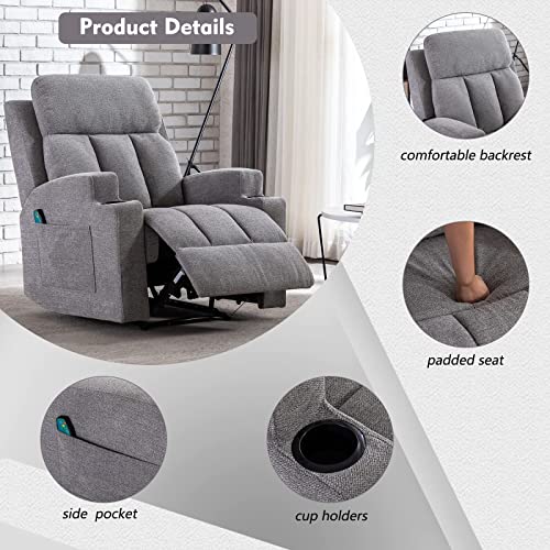 ANJ HOME Manual Massage Recliner Chairs with Heat for Living Room, Overstuffed Breathable Fabric Reclining Chair with Side Pockets and Cup Holders, Single Sofa Home Theater Seating, Grey