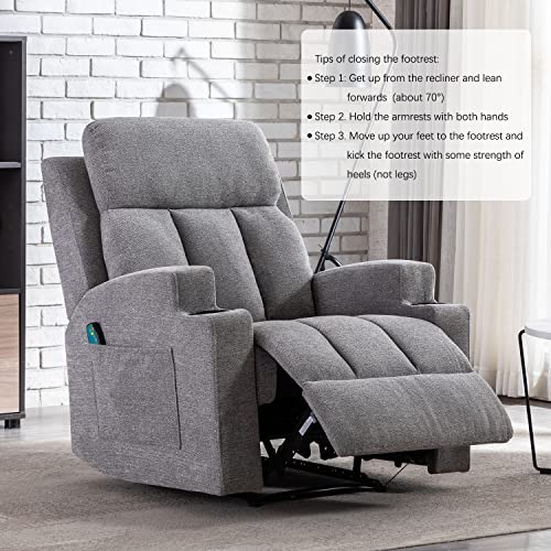 ANJ HOME Manual Massage Recliner Chairs with Heat for Living Room, Overstuffed Breathable Fabric Reclining Chair with Side Pockets and Cup Holders, Single Sofa Home Theater Seating, Grey