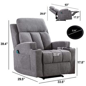 ANJ HOME Manual Massage Recliner Chairs with Heat for Living Room, Overstuffed Breathable Fabric Reclining Chair with Side Pockets and Cup Holders, Single Sofa Home Theater Seating, Grey