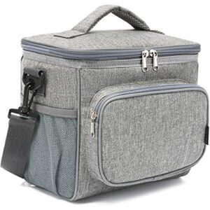 flowfly insulated reusable lunch bag adult large lunch box for women and men with adjustable shoulder strap,front zipper pocket and dual large mesh side pockets,grey