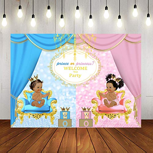 7x5ft Prince or Princess Royal Gender Reveal Party Backdrops for Photography Unisex Baby Shower Pink or Blue Curtain Banner Decoration Photo Background W-2026