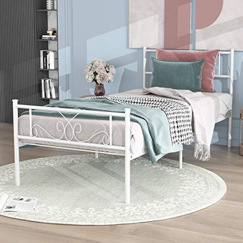 SimLife Metal Twin Bed with Storage Solid Steel Legs Great for Boys and Girls Toddler Princess Bed Frame Kid's Day Bed No Box Spring Need White