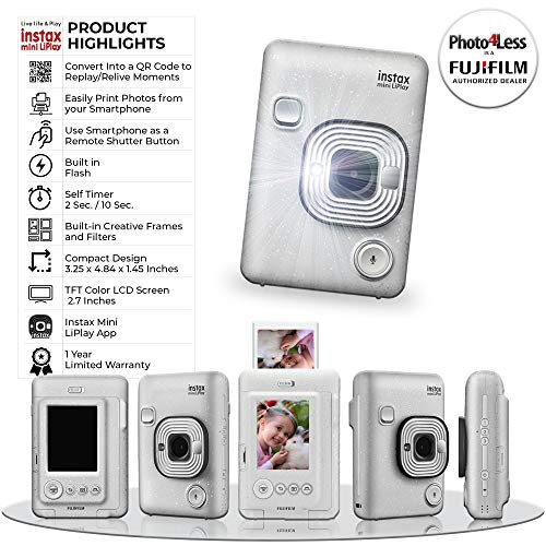 Fujifilm Instax Mini LiPlay Hybrid Instant Camera (Stone White) + Fujifilm Instax Instant Film (40 Shots) + 32GB mciroSDHC Memory Card + Camera/Video Case + Photo4Less Cleaning Cloth – Deluxe Bundle