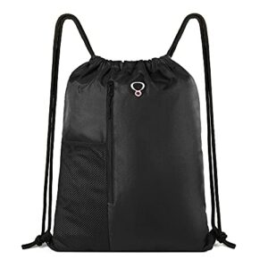 beegreen black drawstring backpack gym bag for men women string sports backpack with water bottle mesh pockets and 2 zippered pocket large cinch sackpack workout bag 16" x 20"