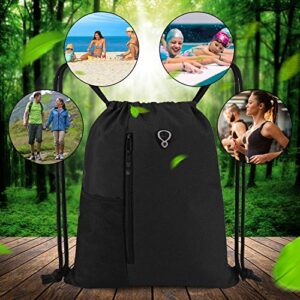 BeeGreen Black Drawstring Backpack Gym Bag For Men Women String Sports Backpack With Water Bottle Mesh Pockets And 2 Zippered Pocket Large Cinch Sackpack Workout Bag 16" x 20"