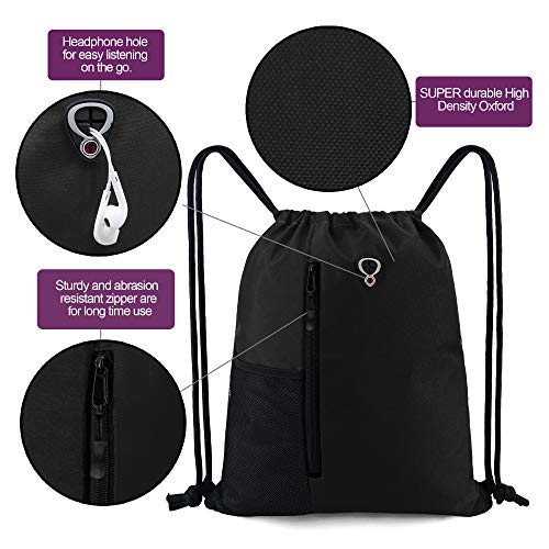 BeeGreen Black Drawstring Backpack Gym Bag For Men Women String Sports Backpack With Water Bottle Mesh Pockets And 2 Zippered Pocket Large Cinch Sackpack Workout Bag 16" x 20"