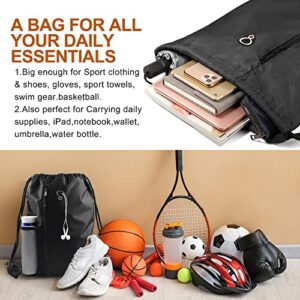 BeeGreen Black Drawstring Backpack Gym Bag For Men Women String Sports Backpack With Water Bottle Mesh Pockets And 2 Zippered Pocket Large Cinch Sackpack Workout Bag 16" x 20"