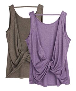 icyzone workout tank tops for women - open back strappy athletic tanks, yoga tops, gym shirts(pack of 2) (s, mushroom/lavender)
