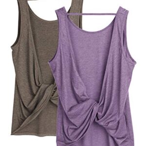 icyzone Workout Tank Tops for Women - Open Back Strappy Athletic Tanks, Yoga Tops, Gym Shirts(Pack of 2) (S, Mushroom/Lavender)