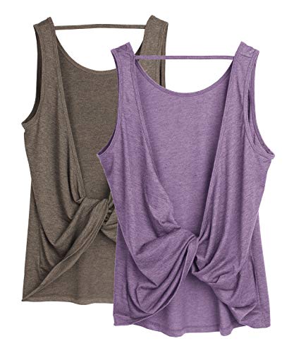 icyzone Workout Tank Tops for Women - Open Back Strappy Athletic Tanks, Yoga Tops, Gym Shirts(Pack of 2) (S, Mushroom/Lavender)