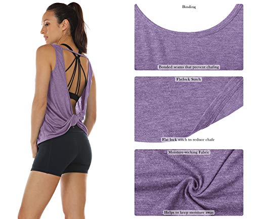 icyzone Workout Tank Tops for Women - Open Back Strappy Athletic Tanks, Yoga Tops, Gym Shirts(Pack of 2) (S, Mushroom/Lavender)