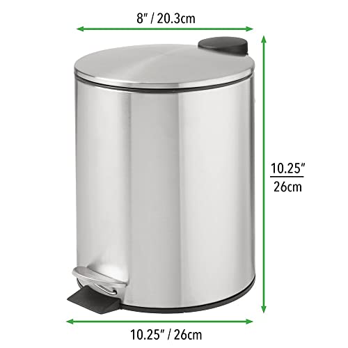 mDesign Metal 1.3 Gallon/5 Liter Round Step Trash Wastebasket, Garbage Container Bin with Lid for Bathroom, Powder Room, Bedroom, Kitchen, Craft Room, Office - Removable Liner Bucket - Brushed/Chrome