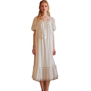 women's long sheer vintage victorian lace nightgown sleepwear pyjamas lounge dress nightwear (white1, small)