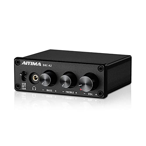 AIYIMA DAC-A2 Headphone Amplifier DAC with Bass Treble Controls PC-USB/Optical/Coaxial Inputs, RCA/3.5mm Headphone Ouput Digital to Analog Desktop Audio Converter 5V 24Bit 192kHz