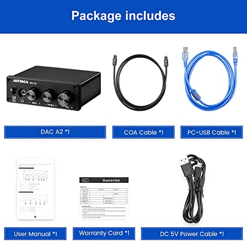 AIYIMA DAC-A2 Headphone Amplifier DAC with Bass Treble Controls PC-USB/Optical/Coaxial Inputs, RCA/3.5mm Headphone Ouput Digital to Analog Desktop Audio Converter 5V 24Bit 192kHz