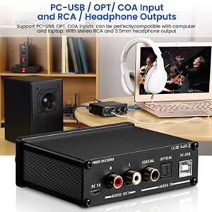 AIYIMA DAC-A2 Headphone Amplifier DAC with Bass Treble Controls PC-USB/Optical/Coaxial Inputs, RCA/3.5mm Headphone Ouput Digital to Analog Desktop Audio Converter 5V 24Bit 192kHz