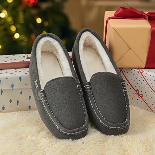 DREAM PAIRS Women's Auzy-01 Fuzzy House Slippers Cozy Faux Fur Micro Suede Moccasins Slip on Loafer Shoes for Indoor and Outdoor, Grey, Size 8.5-9