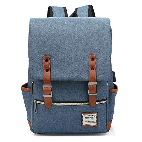 UGRACE Vintage Laptop Backpack with USB Charging Port, Elegant Water Resistant Travelling Backpack Casual Daypacks College Shoulder Bag for Men Women, Fits up to 15.6Inch Laptop in Blue