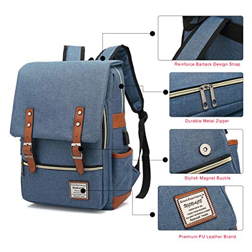 UGRACE Vintage Laptop Backpack with USB Charging Port, Elegant Water Resistant Travelling Backpack Casual Daypacks College Shoulder Bag for Men Women, Fits up to 15.6Inch Laptop in Blue