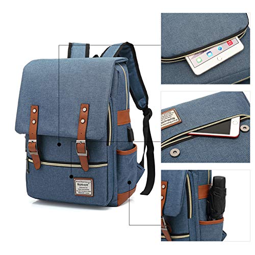 UGRACE Vintage Laptop Backpack with USB Charging Port, Elegant Water Resistant Travelling Backpack Casual Daypacks College Shoulder Bag for Men Women, Fits up to 15.6Inch Laptop in Blue