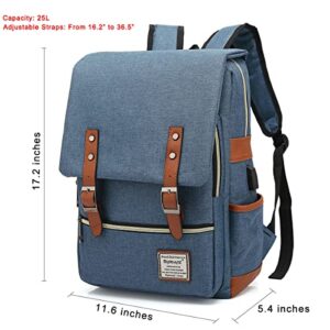 UGRACE Vintage Laptop Backpack with USB Charging Port, Elegant Water Resistant Travelling Backpack Casual Daypacks College Shoulder Bag for Men Women, Fits up to 15.6Inch Laptop in Blue