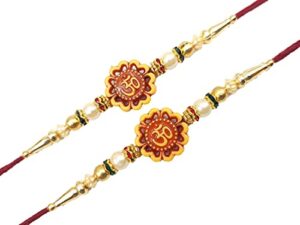 rakhi traditional for brother sister, multi color beautiful & fancy designer thread raksha bandhan rakhi gift (design1 - flower om rakhi set of 2, small)