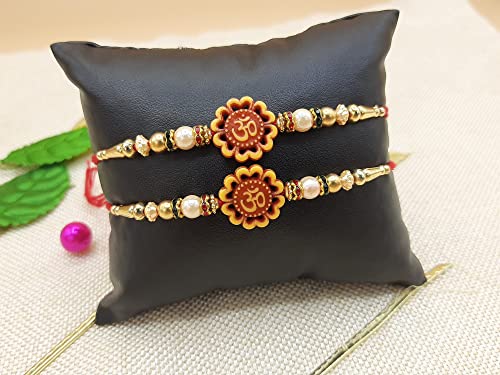 Rakhi Traditional for Brother Sister, Multi Color Beautiful & Fancy Designer Thread Raksha Bandhan Rakhi Gift (Design1 - Flower OM Rakhi Set of 2, Small)