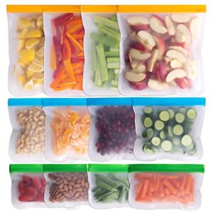 Greenzla Reusable Food Storage Bags – 12 Pack BPA FREE Freezer Bags (4 Reusable Gallon Bags & 4 Reusable Sandwich Bags & 4 Reusable Snack Bags), EXTRA THICK & Leakproof Reusable Lunch Bags for Food