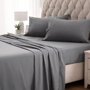 SLEEP ZONE Super Soft Cooling Queen Bed Sheets Set 4 Piece - Easy Care Fitted Flat Sheet & Pillowcase Sets - Wrinkle Free, Fade Resistant, Deep Pocket 16" (Gray, Queen)