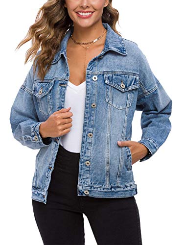 Cantonwalker Women's Oversize Vintage Washed Boyfriend Denim Jacket Long Sleeve Classic Loose Jean Trucker Jacket 003 (Light Blue Washed, L)…