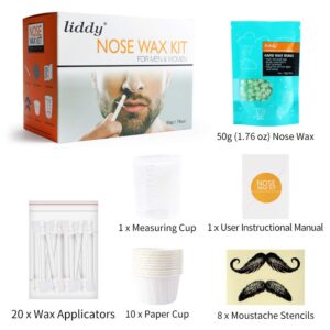 Nose Wax Nose Hair Wax Kit for Men and Women Nose Hair Removal Wax 50g Wax 20 Wax Applicators 10 Nose Wax Pod 1 Measuring Cup 8 Moustache Stencils