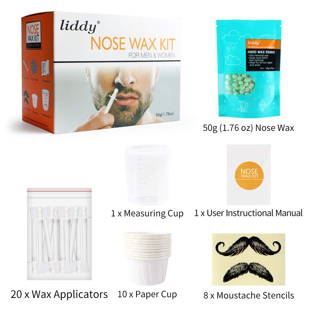 Nose Wax Nose Hair Wax Kit for Men and Women Nose Hair Removal Wax 50g Wax 20 Wax Applicators 10 Nose Wax Pod 1 Measuring Cup 8 Moustache Stencils