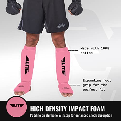 Muay Thai MMA Kickboxing shin Guards, Elite Sports Instep Guard Protective Leg shin Kick Pads for Kids and Adults (S-M, Pink)