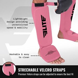 Muay Thai MMA Kickboxing shin Guards, Elite Sports Instep Guard Protective Leg shin Kick Pads for Kids and Adults (S-M, Pink)