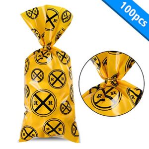 Blulu 100 Pieces Railroad Treat Bags Heat Sealable Treat Candy Bags Train Party Cellophane Treat Party Favor Bags with 100 Pieces Gold Twist Ties for Train or Railroad Themed Party