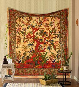 the art box tapestry yellow orange tree of life wall hanging psychedelic tapestries indian cotton twin bedspread picnic sheet wall decor blanket wall art hippie bedroom décor (twin, 82x54 inch)