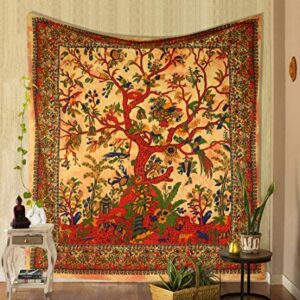 THE ART BOX Tapestry Yellow Orange Tree of Life Wall Hanging Psychedelic Tapestries Indian Cotton Twin Bedspread Picnic Sheet Wall Decor Blanket Wall Art Hippie Bedroom Décor (Twin, 82x54 Inch)