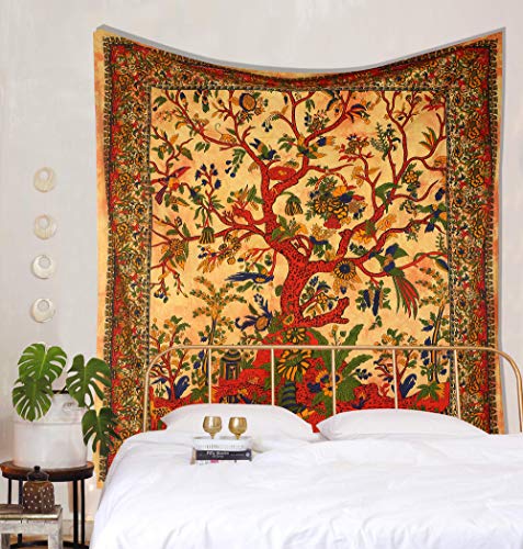 THE ART BOX Tapestry Yellow Orange Tree of Life Wall Hanging Psychedelic Tapestries Indian Cotton Twin Bedspread Picnic Sheet Wall Decor Blanket Wall Art Hippie Bedroom Décor (Twin, 82x54 Inch)