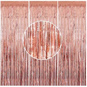 3pcs rose gold metallic tinsel foil fringe curtains, rose gold foil fringe curtain backdrop metallic tinsel streamers backdrop for birthday baby shower party photo booth props decoration
