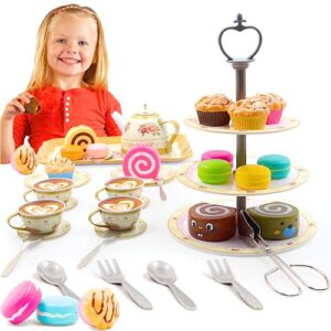 tea set for little girls toys for 3-5 years old girls pretend play kids tea party set with cake stand, desserts fun princess tea time with dolls, barbies birthday gift for girls toys age 3+ year old