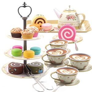 Tea Set for Little Girls Toys for 3-5 Years Old Girls Pretend Play Kids Tea Party Set with Cake Stand, Desserts Fun Princess Tea Time with Dolls, Barbies Birthday Gift for Girls Toys Age 3+ Year Old