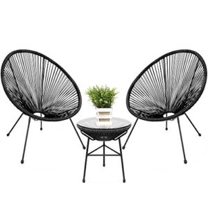best choice products 3-piece outdoor acapulco all-weather patio conversation bistro set w/plastic rope, glass top table and 2 chairs - black