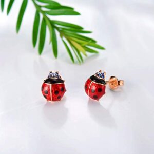 Stud Earrings, Red Ladybug Black Spots 18K Gold Plated 925 Sterling Silver Post Stud Earrings for Women and Girl