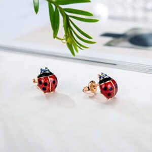 Stud Earrings, Red Ladybug Black Spots 18K Gold Plated 925 Sterling Silver Post Stud Earrings for Women and Girl