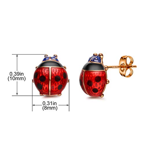 Stud Earrings, Red Ladybug Black Spots 18K Gold Plated 925 Sterling Silver Post Stud Earrings for Women and Girl