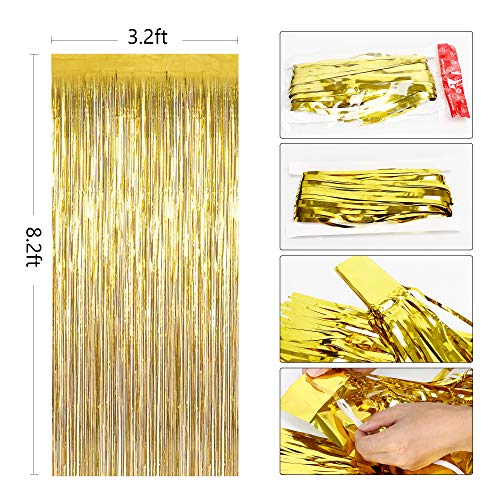 3Pcs Gold Metallic Tinsel Foil Fringe Curtains, Gold Foil Fringe Curtain Backdrop Metallic Tinsel Streamers Backdrop for Birthday Baby Shower Party Photo Booth Props Decoration