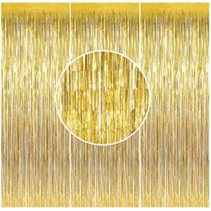 3pcs gold metallic tinsel foil fringe curtains, gold foil fringe curtain backdrop metallic tinsel streamers backdrop for birthday baby shower party photo booth props decoration