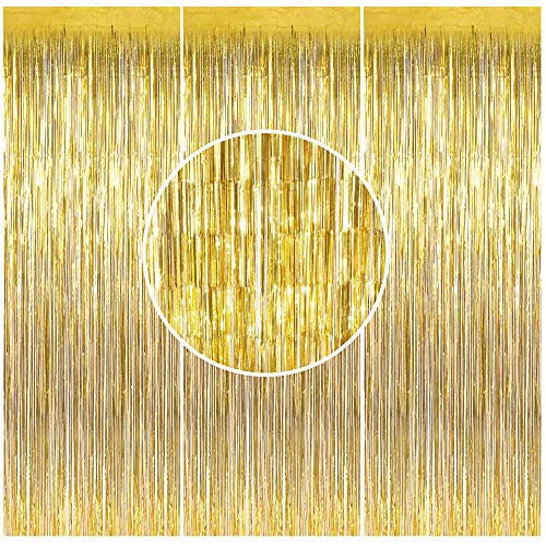 3Pcs Gold Metallic Tinsel Foil Fringe Curtains, Gold Foil Fringe Curtain Backdrop Metallic Tinsel Streamers Backdrop for Birthday Baby Shower Party Photo Booth Props Decoration